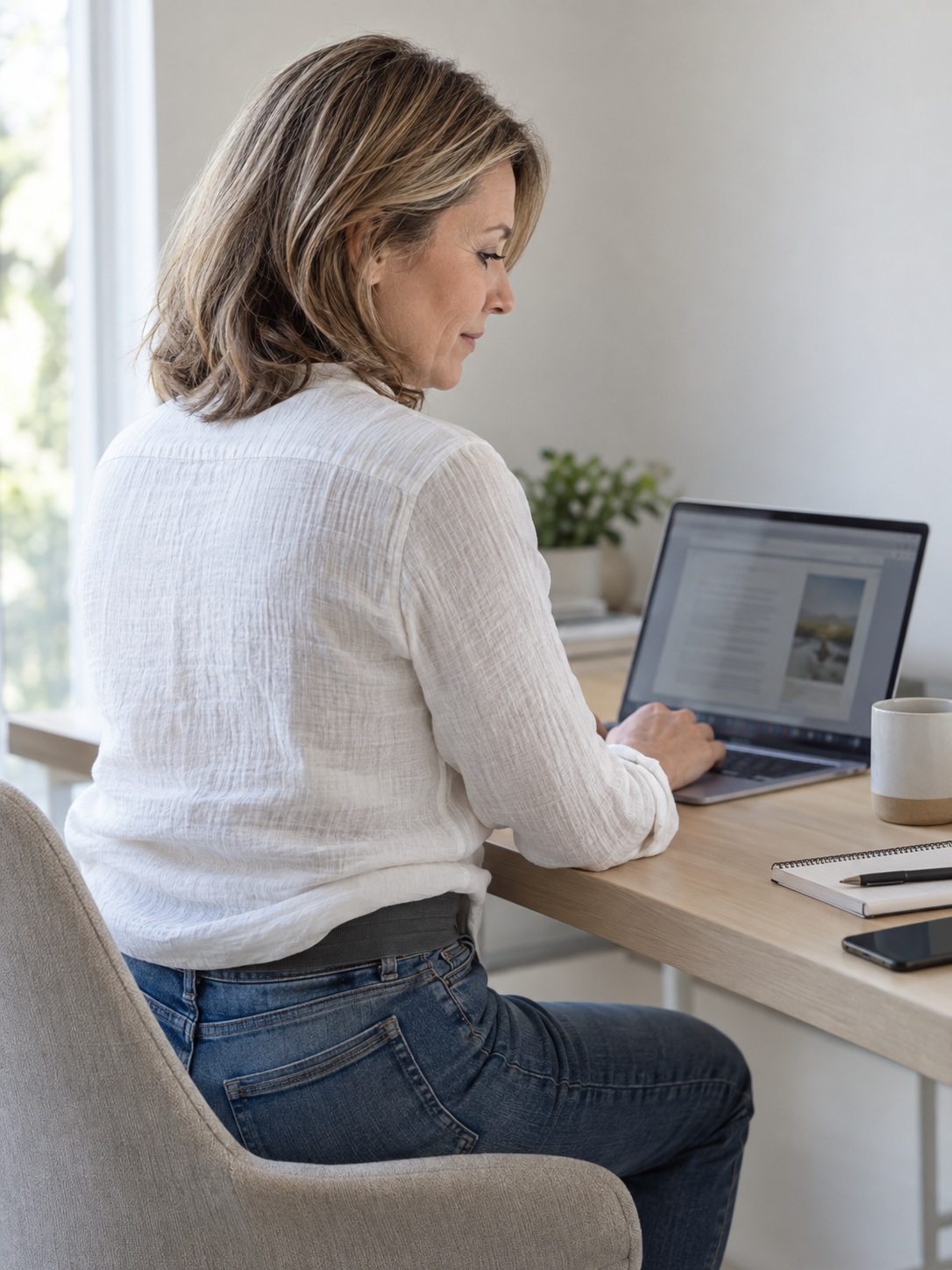 Frau arbeitet mit dem unter der Bluse getragenen Gurt am Laptop.