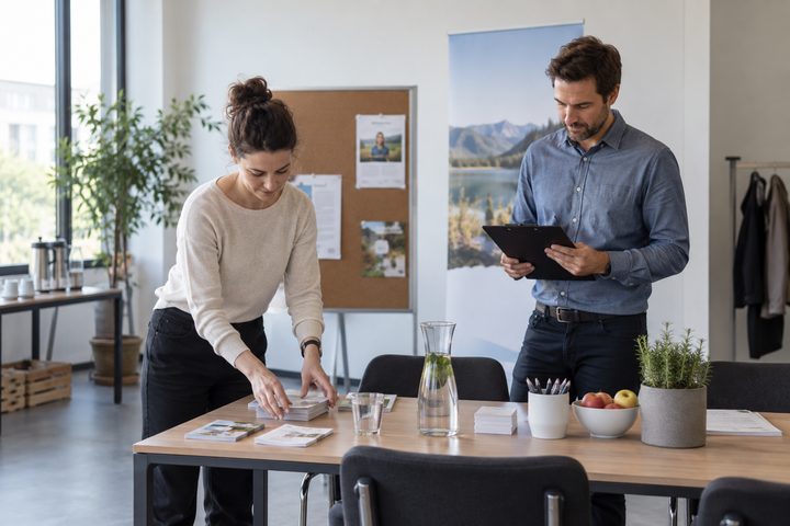 Zwei Organisatoren bereiten einen Informationsstand für einen Gesundheitstag vor.