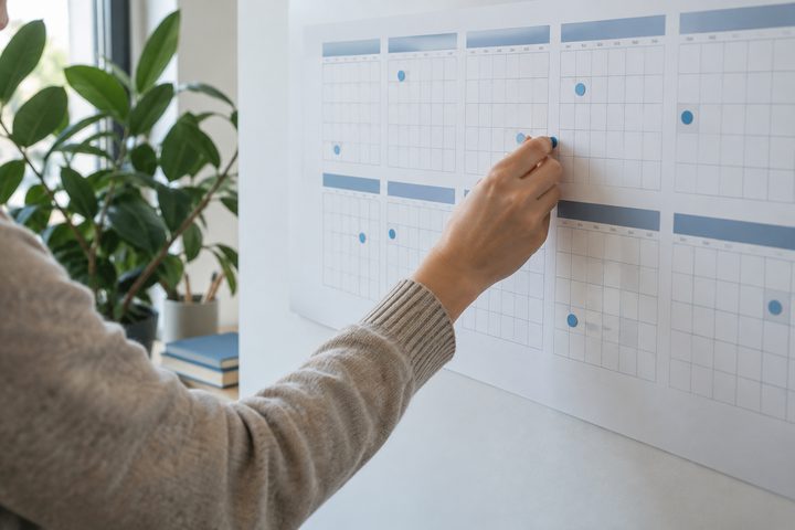 Jahresplaner mit einzelnen Markierungen für ein längerfristiges Programm.
