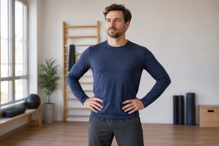 Bewegungstrainer zeigt den Rumpfbereich über dem vollständig bedeckenden Oberteil.