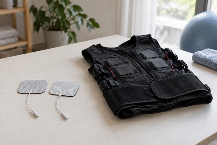 Einzelne Elektroden und eine Trainingsweste als Symbol für lokale und Ganzkörperstimulation.
