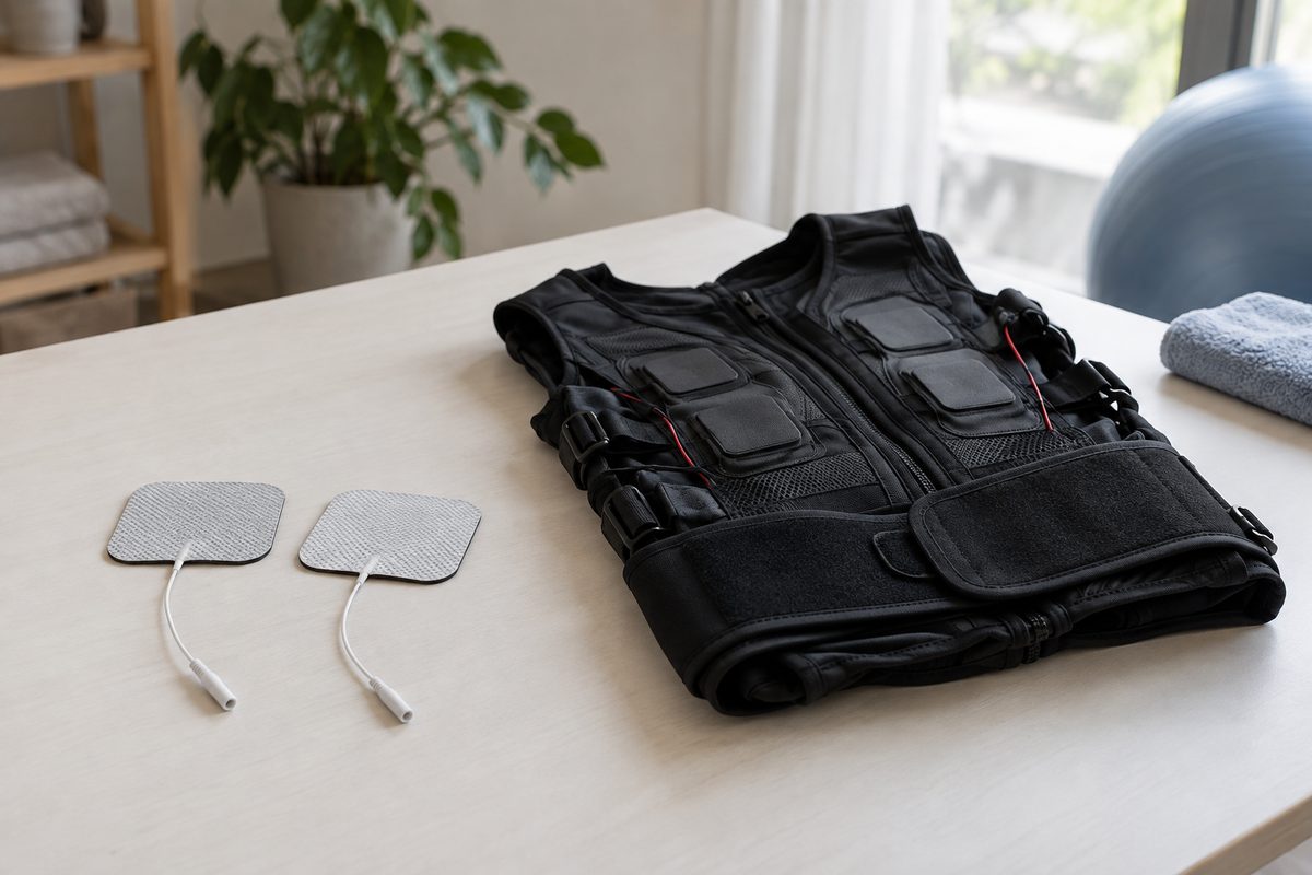 Einzelne Elektroden und eine Trainingsweste als Symbol für lokale und Ganzkörperstimulation.