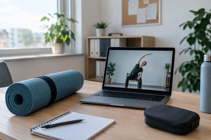 Trainingsmatte, Laptop und Gerätetasche als Symbol für verschiedene Angebotsformen.