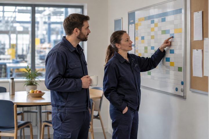 Zwei Beschäftigte besprechen die Schichtplanung im Pausenraum.