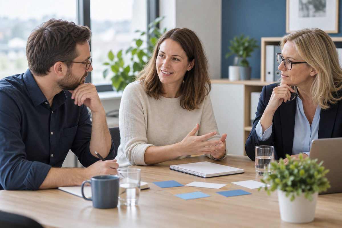Drei Personen planen gemeinsam die betriebliche Gesundheitsförderung.