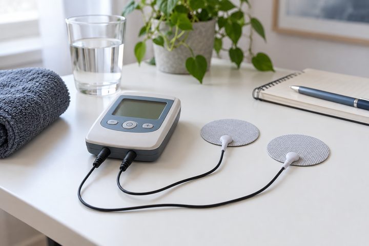 Neutrales Stimulationsgerät mit Kabeln und Elektroden als Symbolbild für NMES.