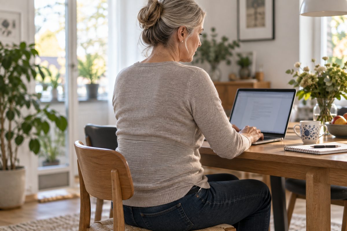 Frau arbeitet mit vollständig bedecktem Rücken im Homeoffice am Laptop.